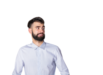A man wearing a light shirt with a beard and concerned expression, looking sideways on a white background. Concept of hesitation or uncertainty