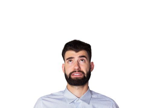 A man with a beard and short hair wearing a light-colored shirt, looking upward with a worried or uncertain expression, isolated on white background
