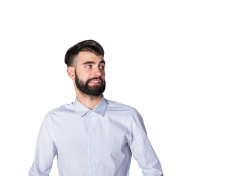 A man wearing a light shirt with a beard and concerned expression, looking sideways on a white background. Concept of hesitation or uncertainty