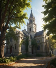 Fototapeta premium Large leafy branches covering a historic church, nature, architecture