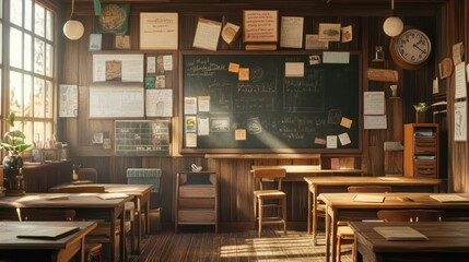 A nostalgic classroom bathed in sunlight, desks, chalkboard, vintage items, and sunlight streams through the window. An image of a timeless classroom scene evoking memories and education.