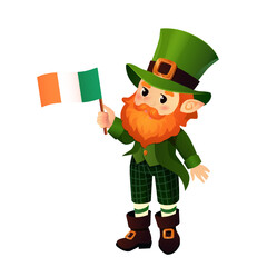 Vector illustration of a cheerful leprechaun holding the Irish flag. The character wears a traditional green outfit, including a top hat, coat, and plaid trousers, with a bushy red beard and pointed