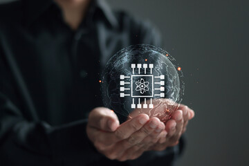 Quantum computing concept. Processing massive amounts of data in a short time. Businessman holds Quantum computing icon with globe on virtual screen
