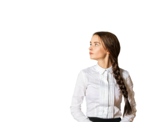 Young woman with a long braid wearing a white shirt, looking to the side on a white background. Minimalist and clean isolated template concept