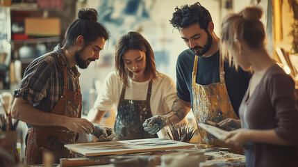 Happy woman making pottery in art workshop