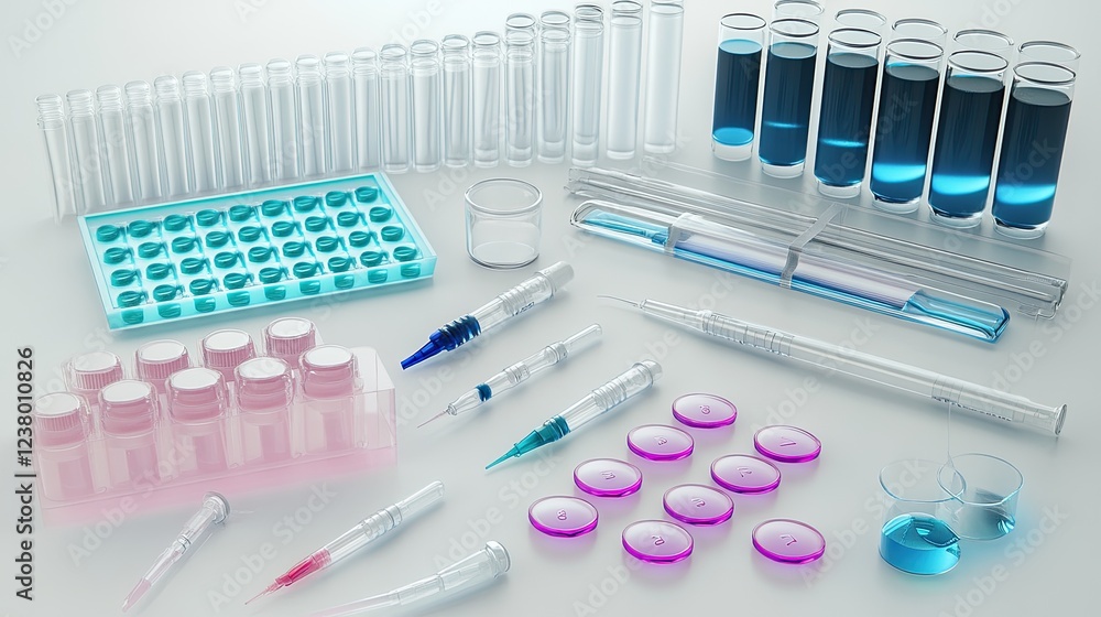 Poster a scientific workstation with dna sequence data on a screen and laboratory tools like pipettes and v