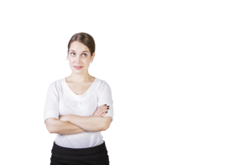 Woman in a white blouse andskirt with arms crossed, gazing upward thoughtfully. Isolated on white background. Concept of decision-making