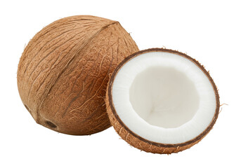 A whole coconut with rough, brown husk next to a halved coconut revealing the smooth white flesh inside