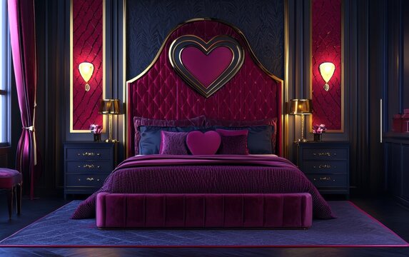 Elegant Art Deco bedroom with heart-inspired geometric patterns and luxurious velvet textures for Saint Valentines Day and 8 March Womens Day, in a glamorous 1920s theme