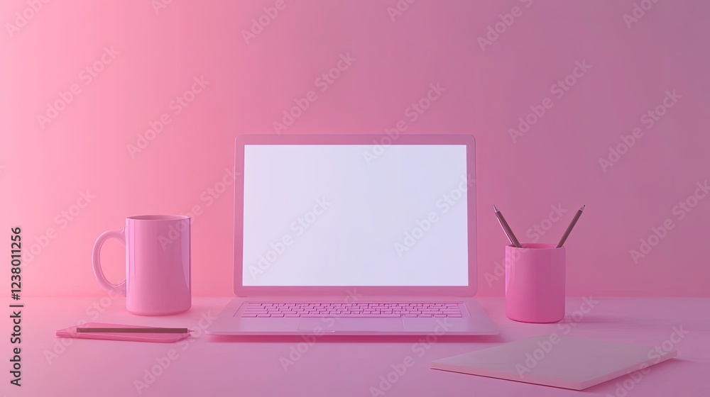 Aufkleber a top-down shot of a clean desk with a laptop featuring an empty screen, complemented by a notebook,