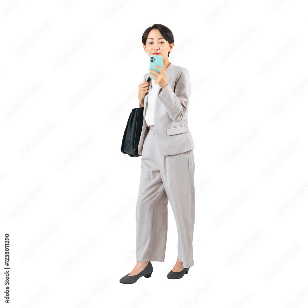 Aufkleber スマホを見ながら歩くミドル女性ビジネスパーソン　手作業で精密に切り抜いた背景透過全身写真png