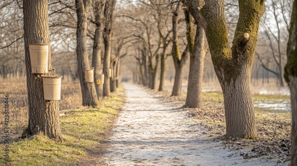 Poster elegant rows of sugar maples marked with taps and buckets lining a serene forest trail during a sunn