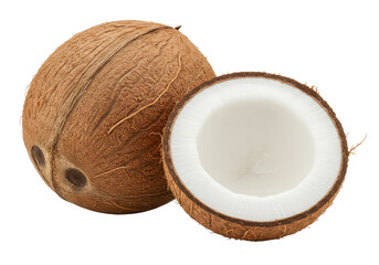 A whole coconut with rough, brown husk next to a halved coconut revealing the smooth white flesh inside