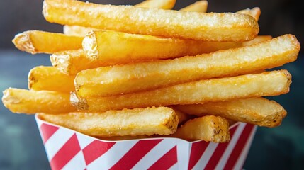 A close-up of perfectly cooked French fries in their red and white striped paper cup. Golden-brown roasted potato sticks