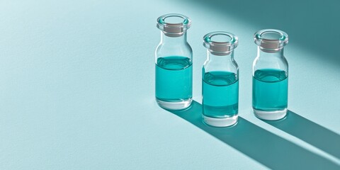 Minimalist Chromatic Presentation Teal Liquid Vials on Smooth Aqua Surface - Scientific Content and Clean Laboratory Aesthetics for Educational Innovation