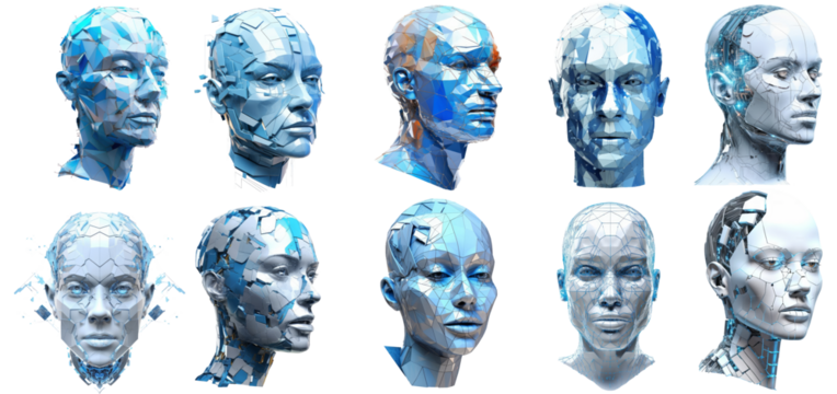 Set of Futuristic Humanoid Heads, Faces Detailed and Isolated with Transparent Background