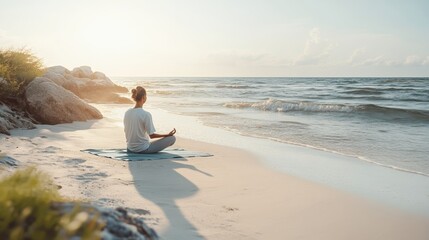 Elegant Serene beach yoga with a lone person in cobra pose near the waters edge soft waves reflecting the pastel hues of sunrise 