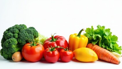 Assorted raw vegetables on pristine white backdrop , orange, diet