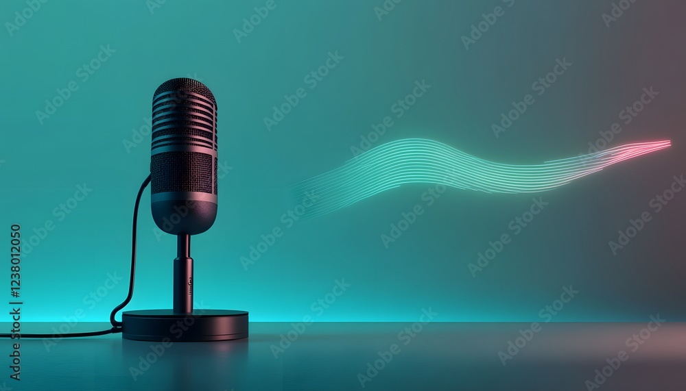 Poster retro microphone with abstract sound wave design