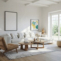 Frame mockup, ISO A paper size. Living room wall poster mockup. Interior mockup with house background. Modern interior design. 3D render