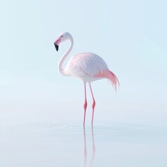 Fototapeta premium Elegant pink flamingo standing on one leg in shallow water, isolated on a clean white background