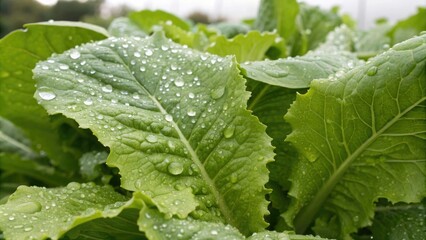 Leafy lettuce with tiny droplets of water on its leaves, hydration, garden, crisp