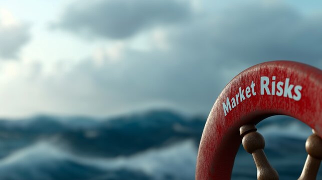 ship steering wheel with words "Market Risks" written on it navigating through rough seas, concept of market turmoil and other business challenges - Powered by Adobe