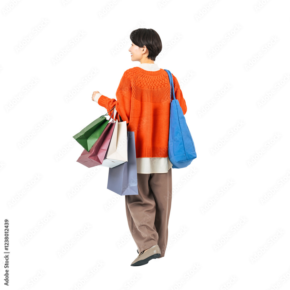 Aufkleber ショッピングバッグを持って歩くミドル女性の後ろ姿　手作業で精密に切り抜いた背景透過全身写真png