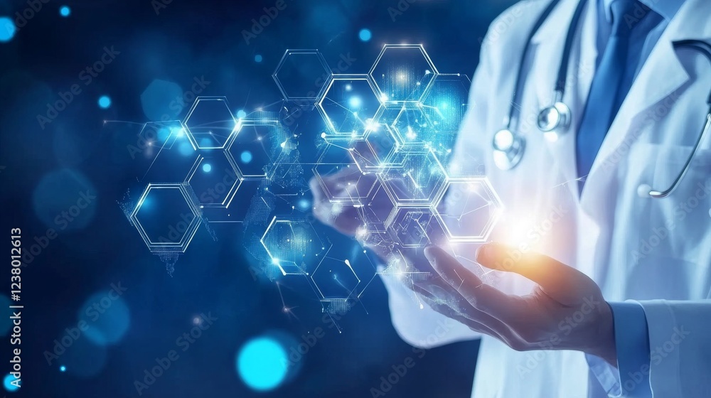 Poster abstract geometric hexagonal medical background with futuristic science technology pattern, digital 