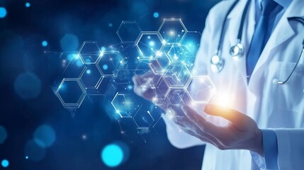 Abstract geometric hexagonal medical background with futuristic science technology pattern, digital healthcare innovation concept, blue molecular structure and biotechnology network design


