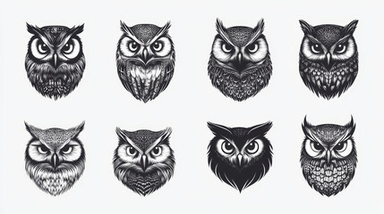 Large set of black and white vector owl bird heads showing different species and plumage, vector isolated on white, logo idea