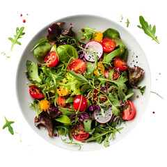 Fresh green salad in a bowl, showcasing various vegetables, captured in a professional food photo, top-down view; isolated on white background.
