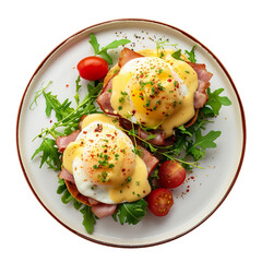 Poached eggs on toasted English muffin with ham and hollandaise sauce, professional food photo, top view composition; isolated on white background.