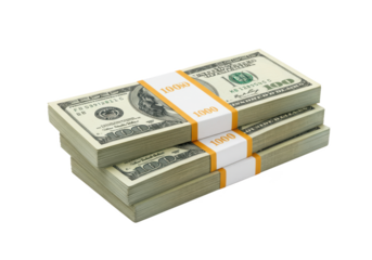 A stack of bundled 100 US bills arranged in a pile, each secured with an orange band, isolated on a white background