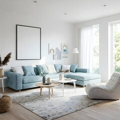 Frame mockup, ISO A paper size. Living room wall poster mockup. Interior mockup with house background. Modern interior design. 3D render