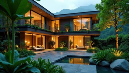 Fototapeta premium Eco-friendly architecture with illuminated plant, architecture, technology