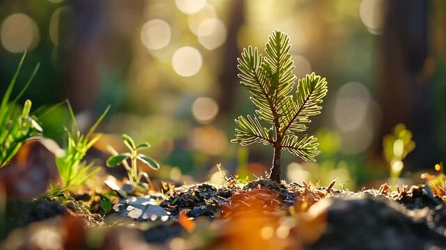 A tiny pine tree sprouting in the forest, generative AI