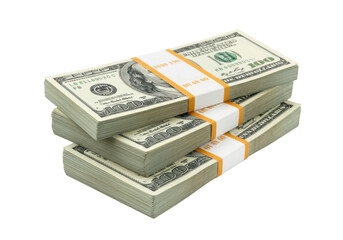 Naklejka premium A stack of bundled 100 US bills arranged in a pile, each secured with an orange band, isolated on a white background