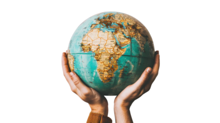 Two hands holding globe showing africa with transparent background