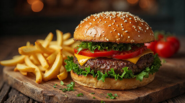 Hamburger with fries