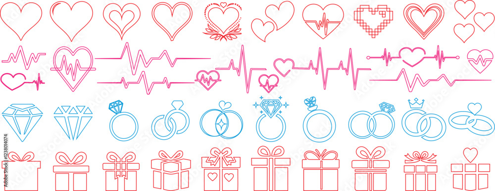 Wall mural heart, heartbeat, diamond rings, gifts box vector set. romantic icons for valentine's day, weddings,