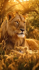 Obraz premium Lioness giving birth to her cubs in a secluded spot, seclusion for birth, wildlife photography, lioness pregnancy, wildlife observation