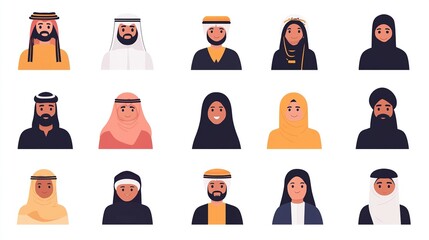 Diverse Arab People Avatars  Muslim Men   Women Portraits