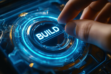 A conceptual design featuring a hand about to activate a radiant blue "BUILD" button, representing technology, coding, and software engineering