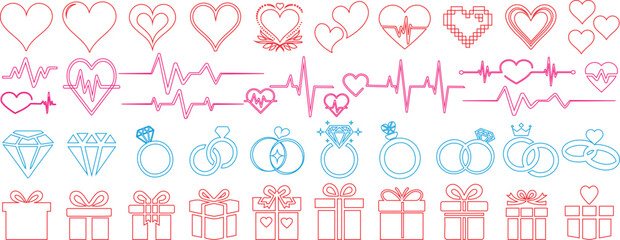 Heart, heartbeat, diamond rings, gifts box vector set. Romantic icons for Valentine's Day, weddings, anniversaries, celebrations, proposals, and love themed designs