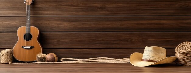 The warm glow of a cowboy hat, lasso, and acoustic guitar captures the essence of country music and rustic charm