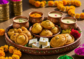 Colorful Traditional Indian Holi Festival Food, Featuring Sweets and Savory Delicacies for the Festive Celebration