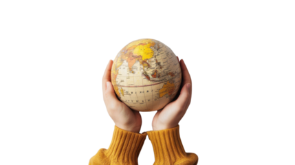 Hands holding globe showing asia with transparent background
