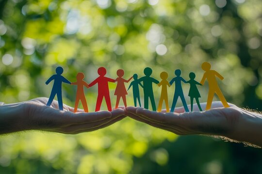 Colorful paper chain family figures held in hands against a blurred green background.