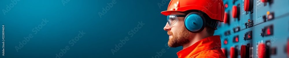 Poster industrial futurism technicians ensuring sustainable operations with control panels in modern proces